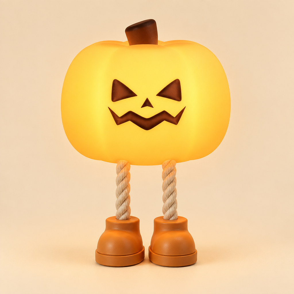 The Lil Pumpkin Lamp glowing warm orange
