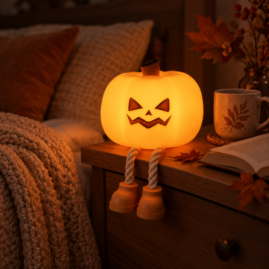 Pumpkin lamp glowing on a bedside nightstand at night