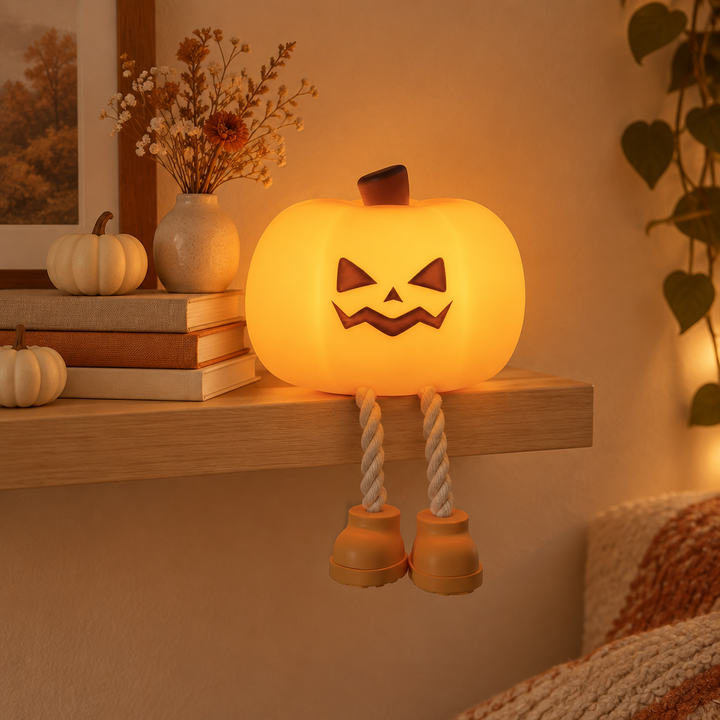 Pumpkin lamp sitting on the edge of a shelf with legs dangling