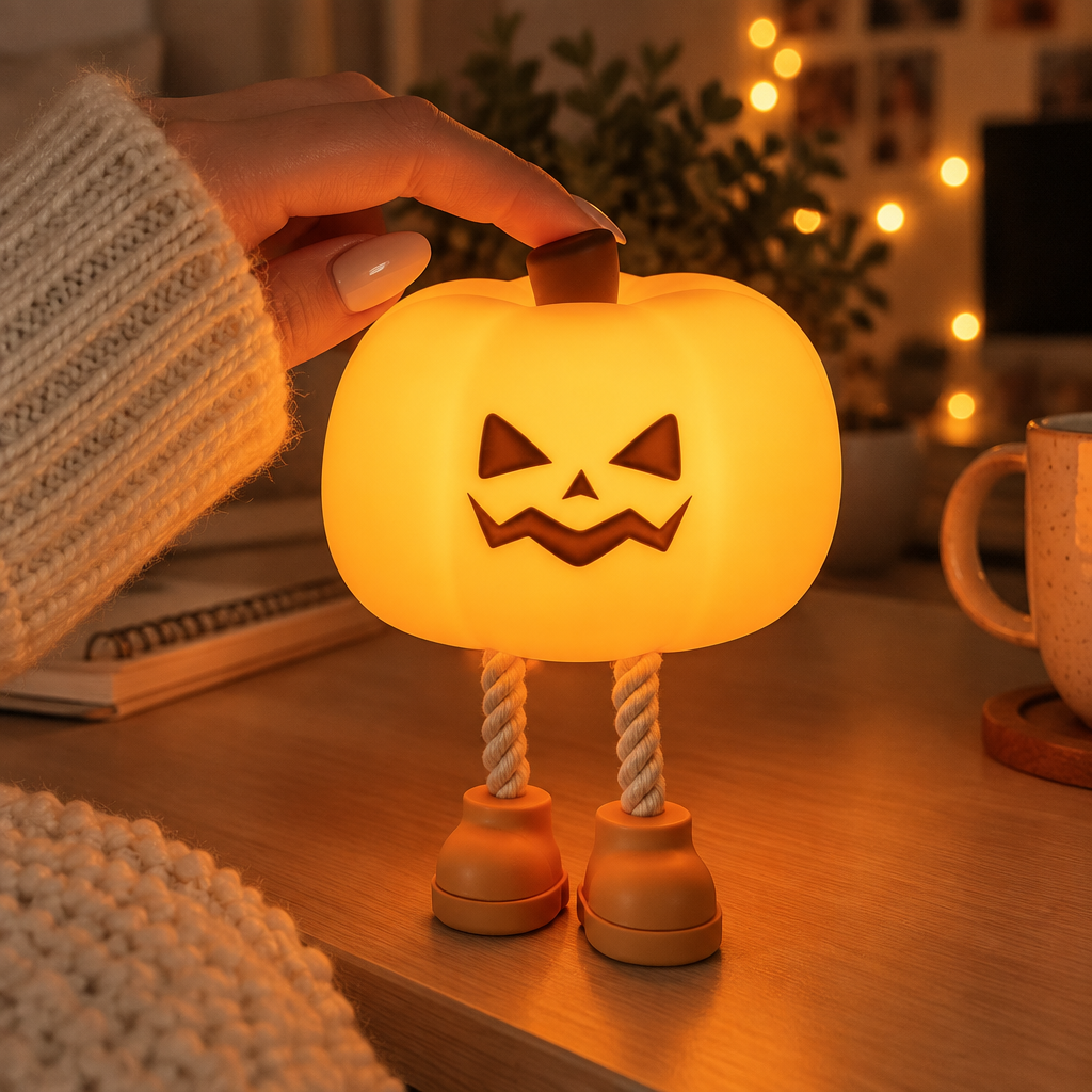 Tapping the pumpkin lamp to turn it on