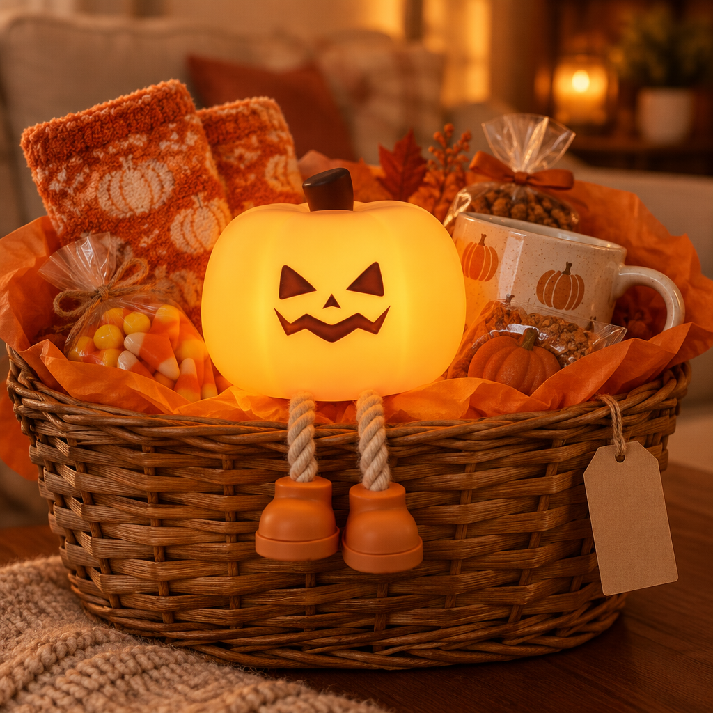 Pumpkin lamp in a Boo Basket gift