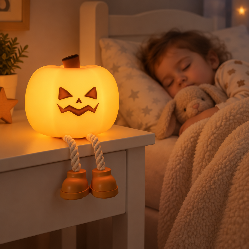 Pumpkin lamp as a soft night light in a child's bedroom